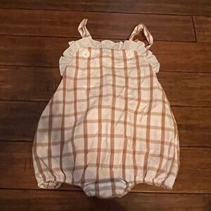 Barefoot Tan and Pink Plaid Baby Romper with Ruffle Trim